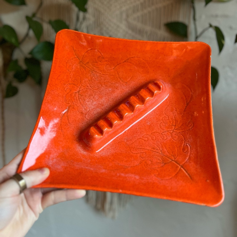Mid Century Modern Orange Ceramic Catchall Ashtray Sculptural California Pottery